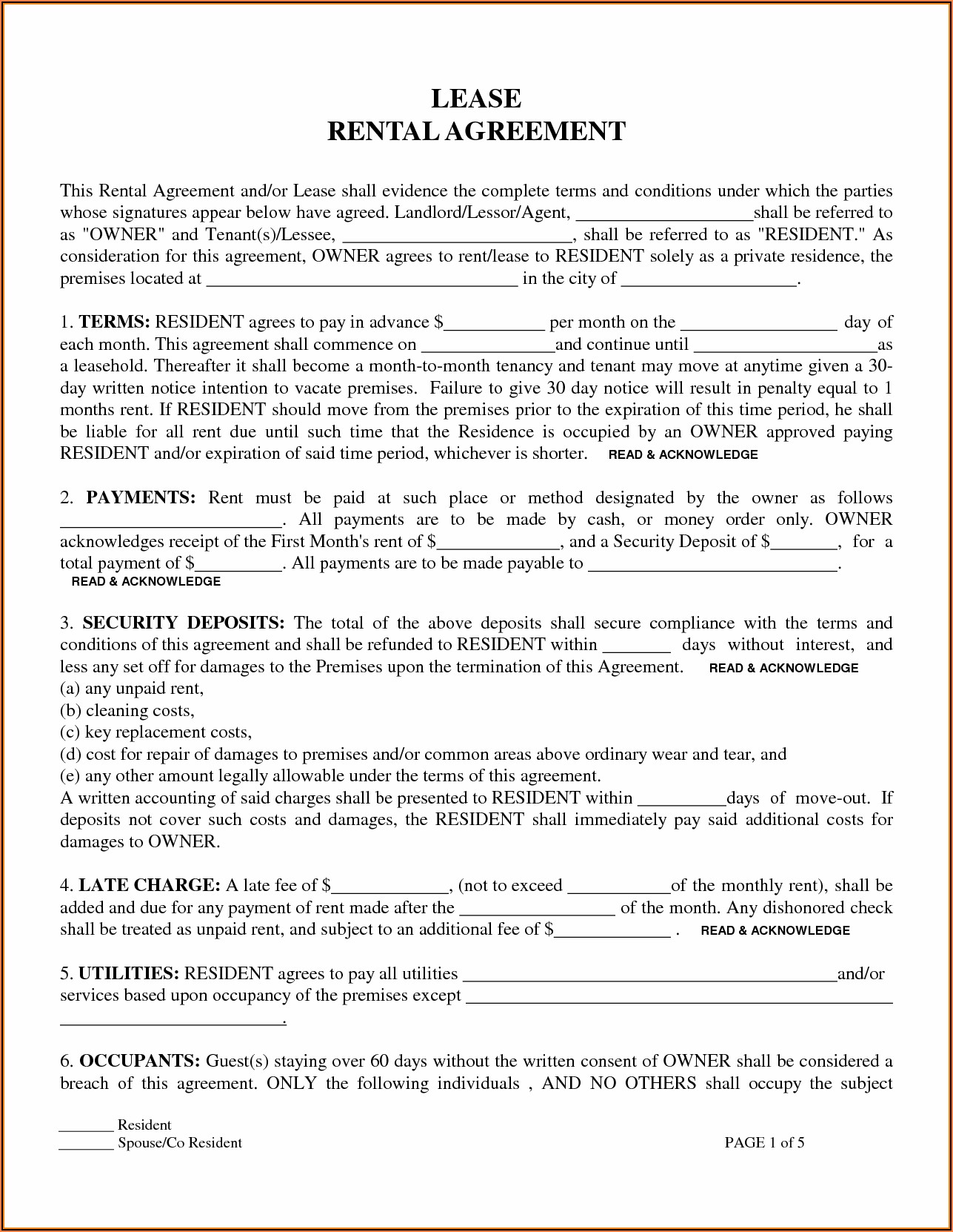 Lease Agreement Form Free Printable