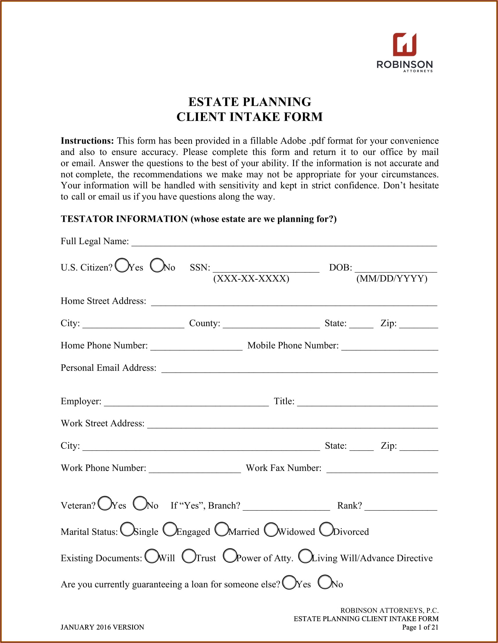 Legal Client Intake Form Template