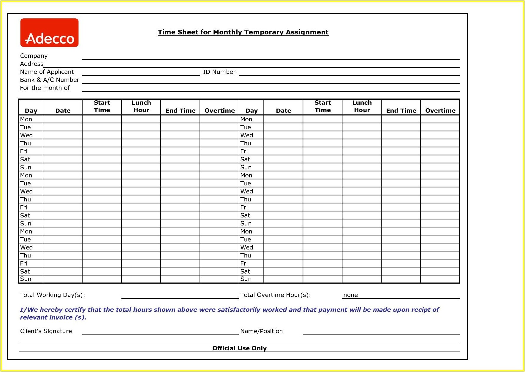 Monthly Timesheet Template For Multiple Employees
