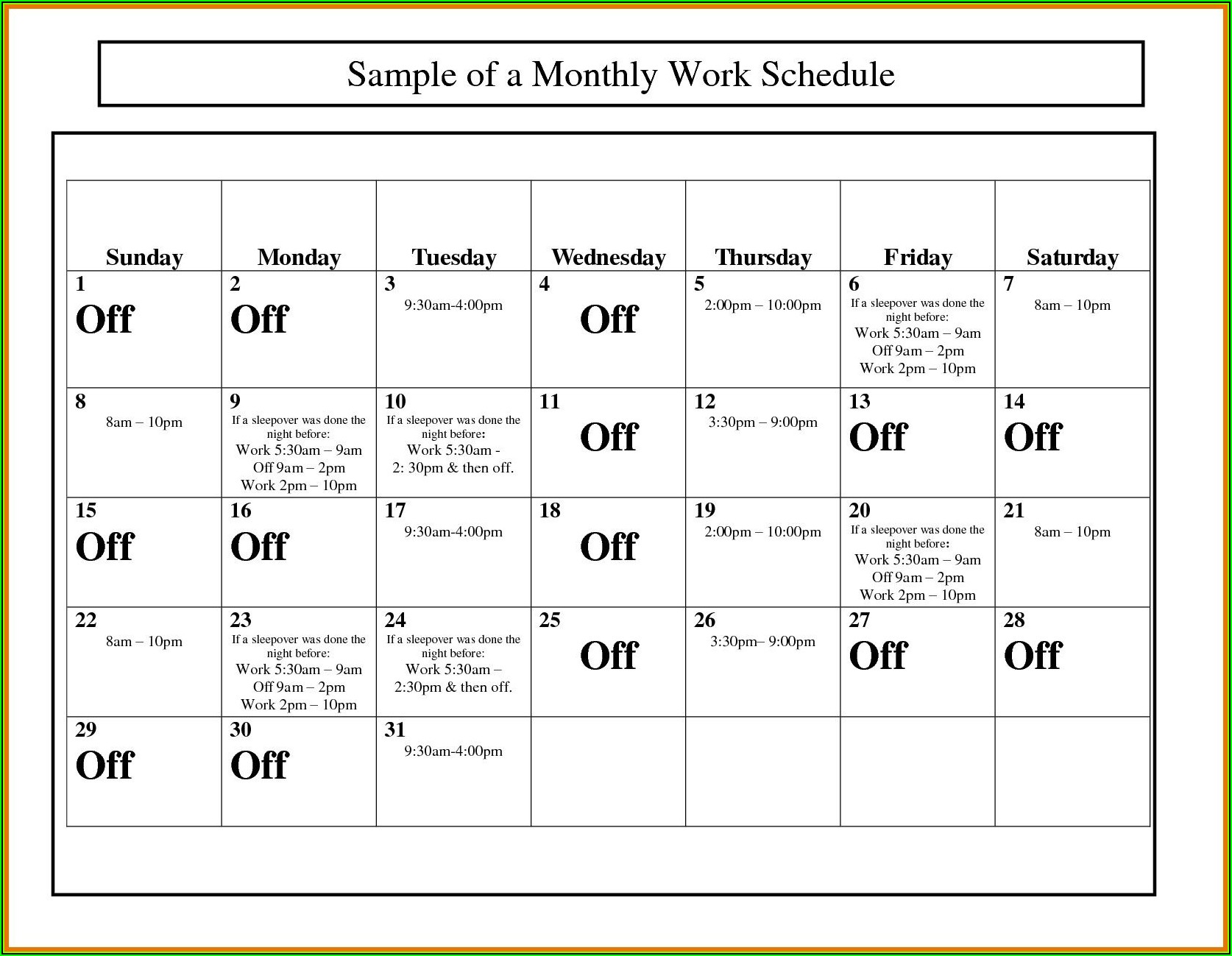 Monthly Work Schedule Calendar Template