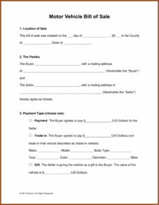 Motor Vehicle Bill Of Sale Blank Form