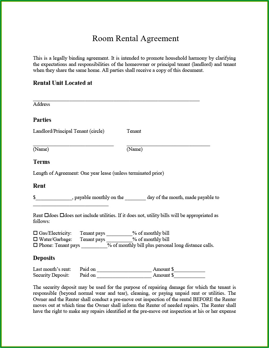 Room For Rent Agreement Template Free