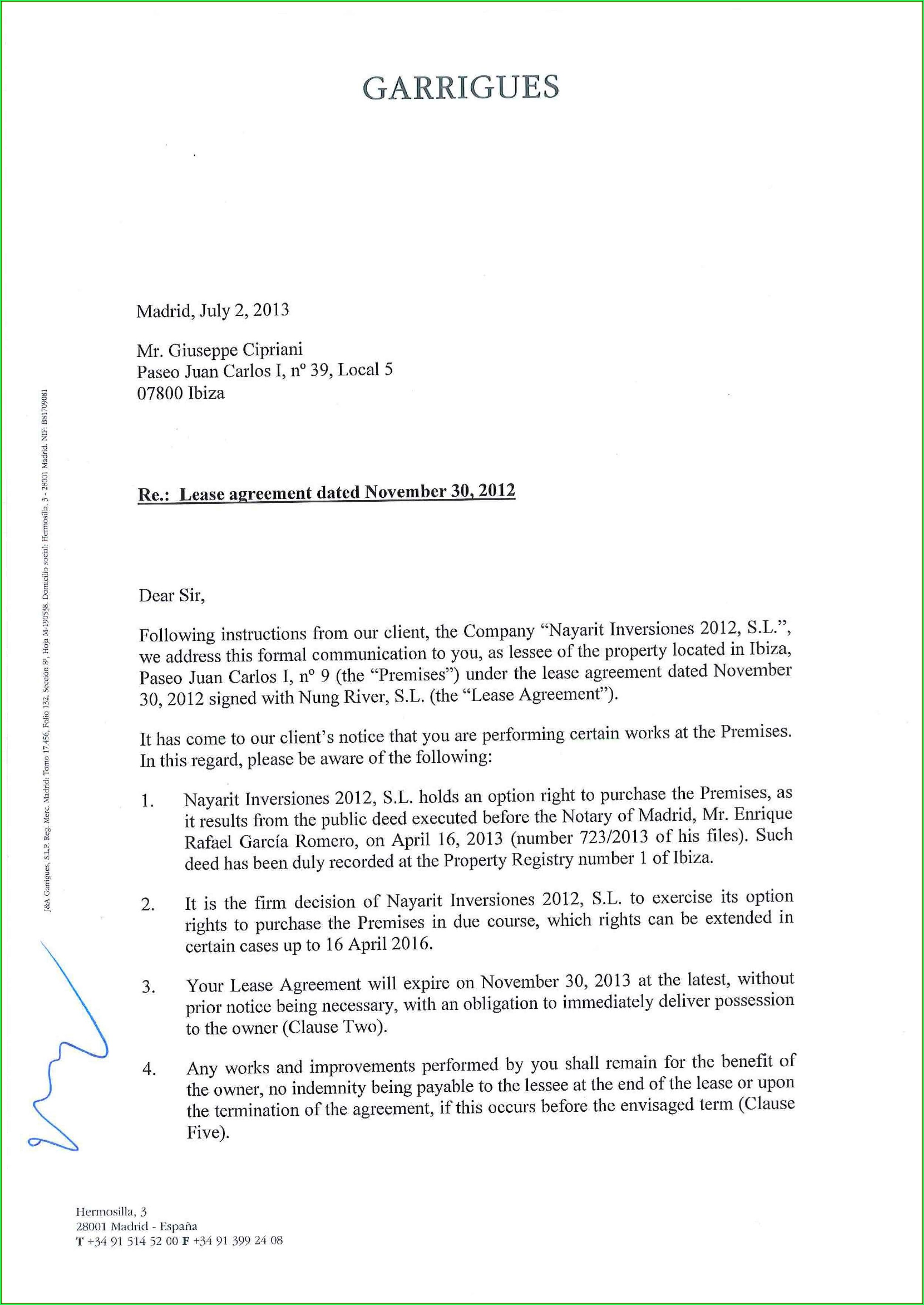 Sample Of Lease Agreement Letter
