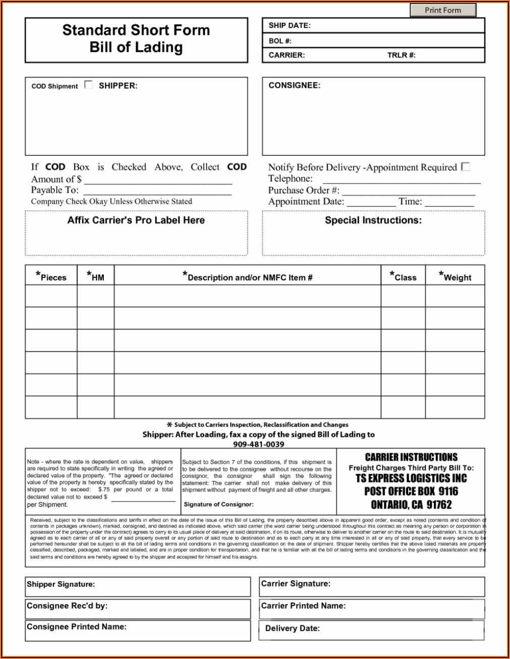 Straight Bill Of Lading Short Form Template Free