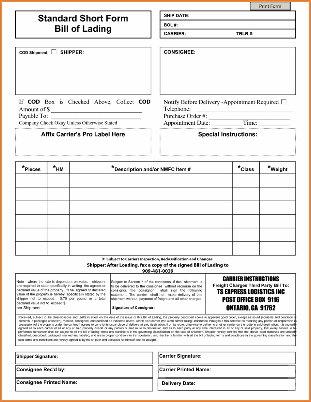 Blank Straight Bill Of Lading Short Form Pdf Form Resume Examples