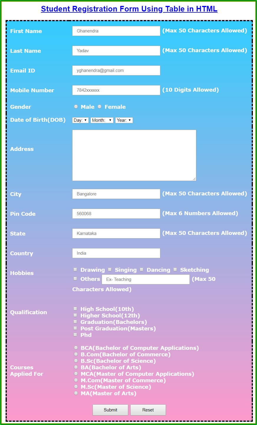 Student Registration Form Css Template Free Download