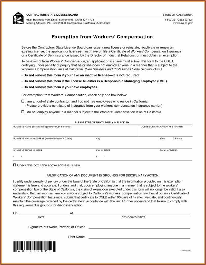 Subcontractor Workers Comp Waiver Form California