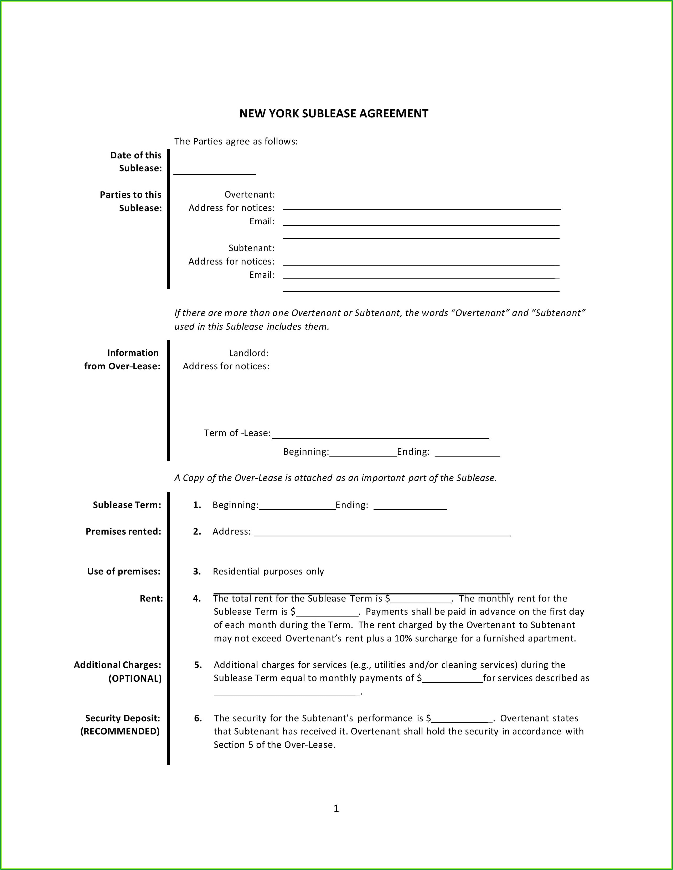 Sublet Lease Agreement Template New York