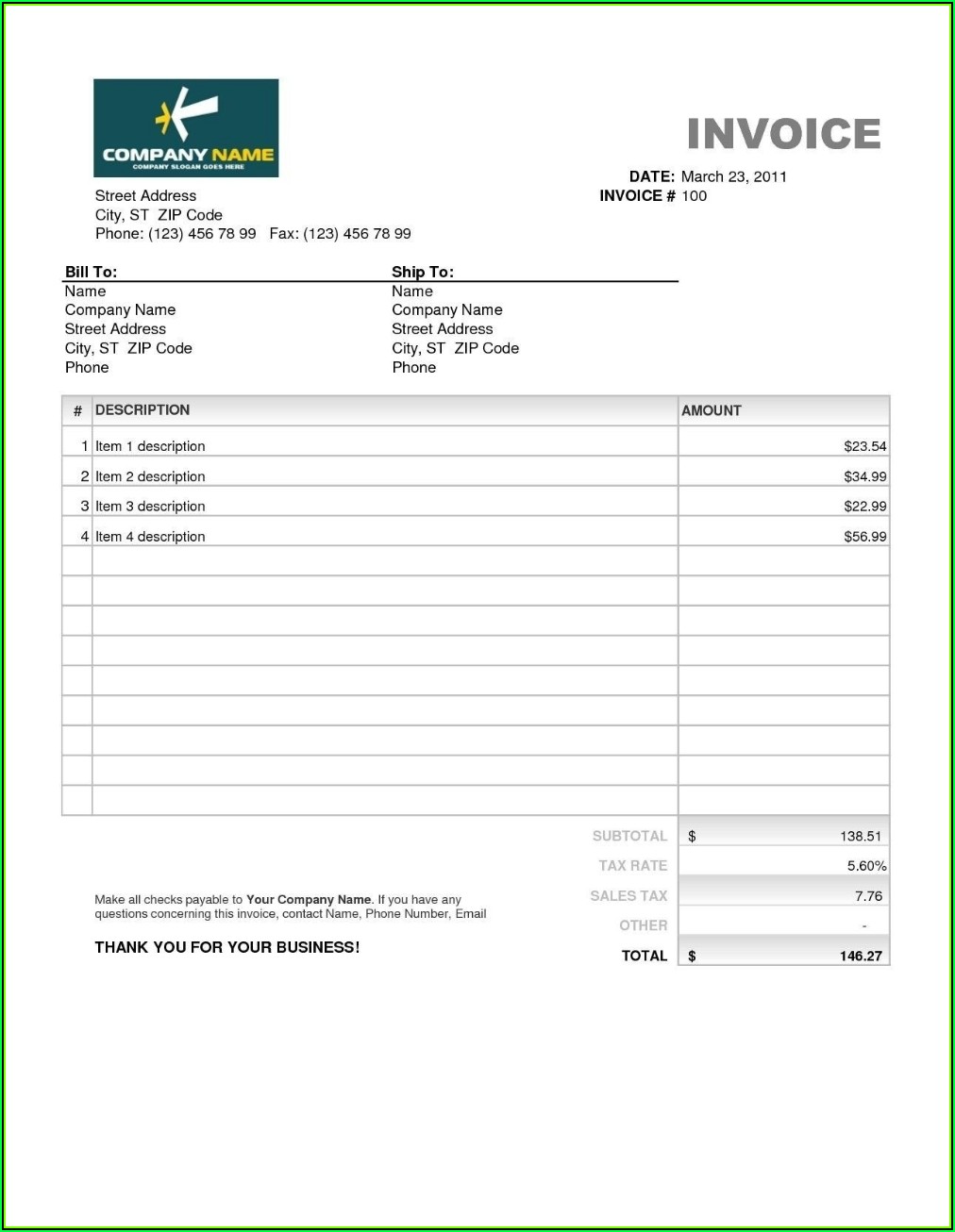 Template Of An Invoice In Microsoft Word