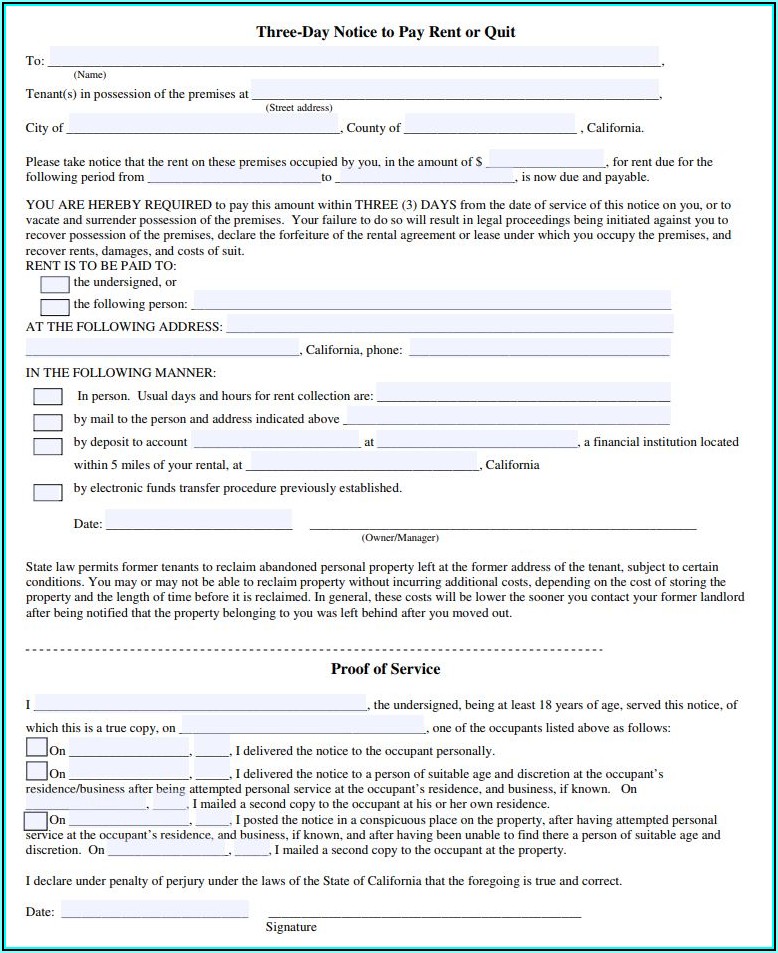 3 Day Notice To Pay Rent Or Quit California Form Pdf