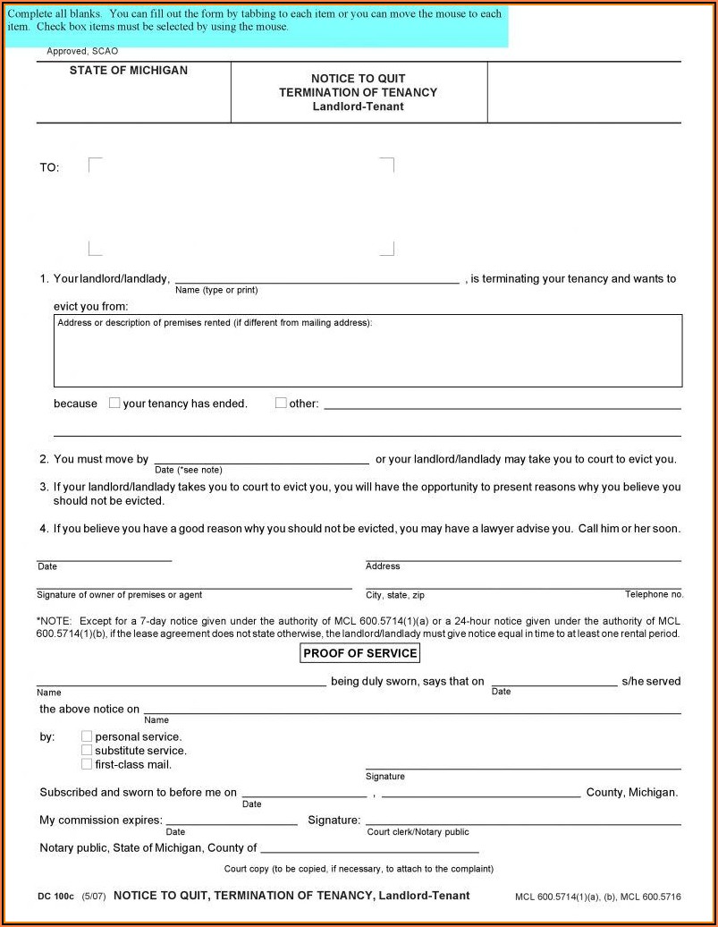 7 Day Eviction Notice Michigan Form