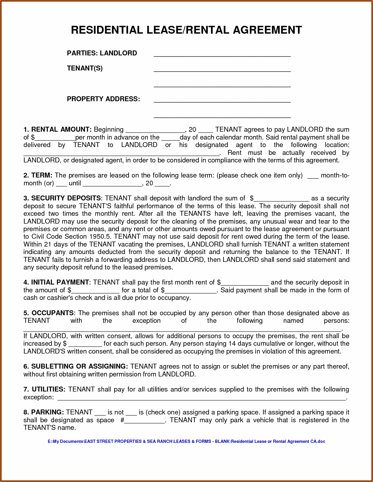 Apartment Rental Lease Agreement Template