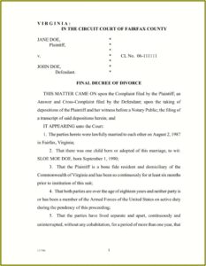 Final Decree Of Divorce Form Virginia