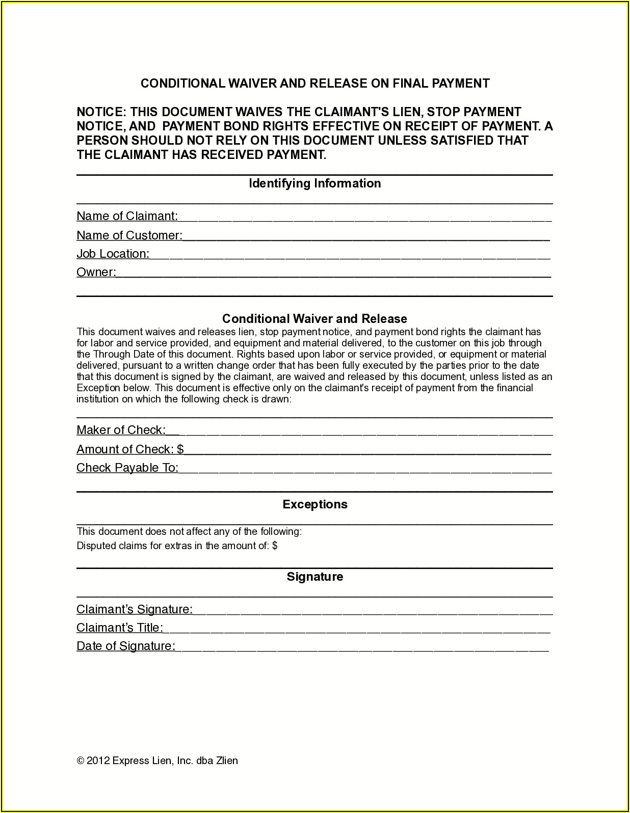 Final Waiver Of Lien Form Illinois Pdf