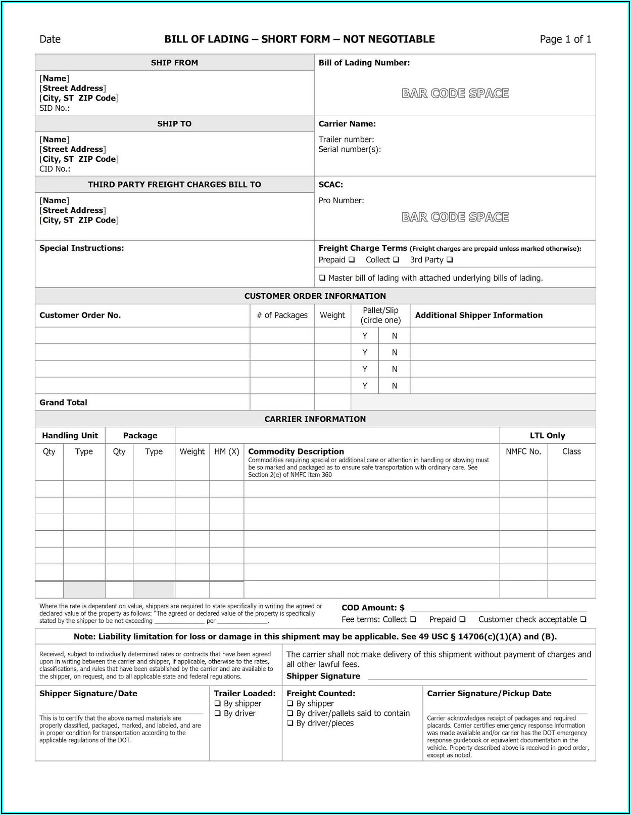 Free Vehicle Bill Of Lading Form