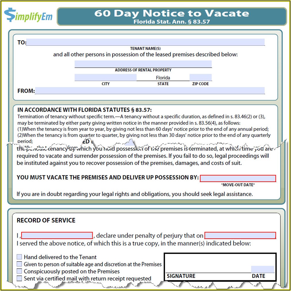 Landlord To Tenant 30 Day Notice To Vacate Form Florida