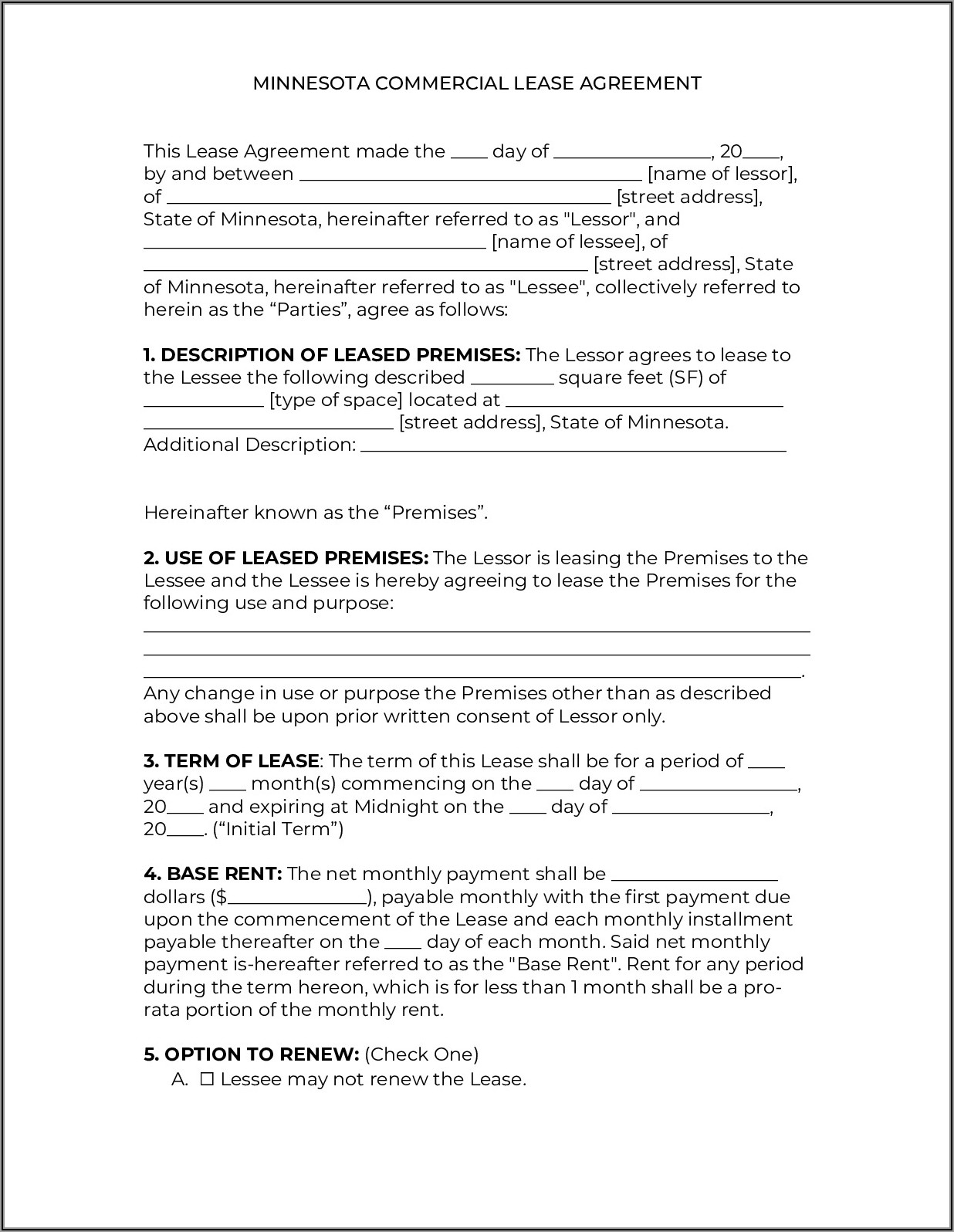 Minnesota Commercial Purchase Agreement Form