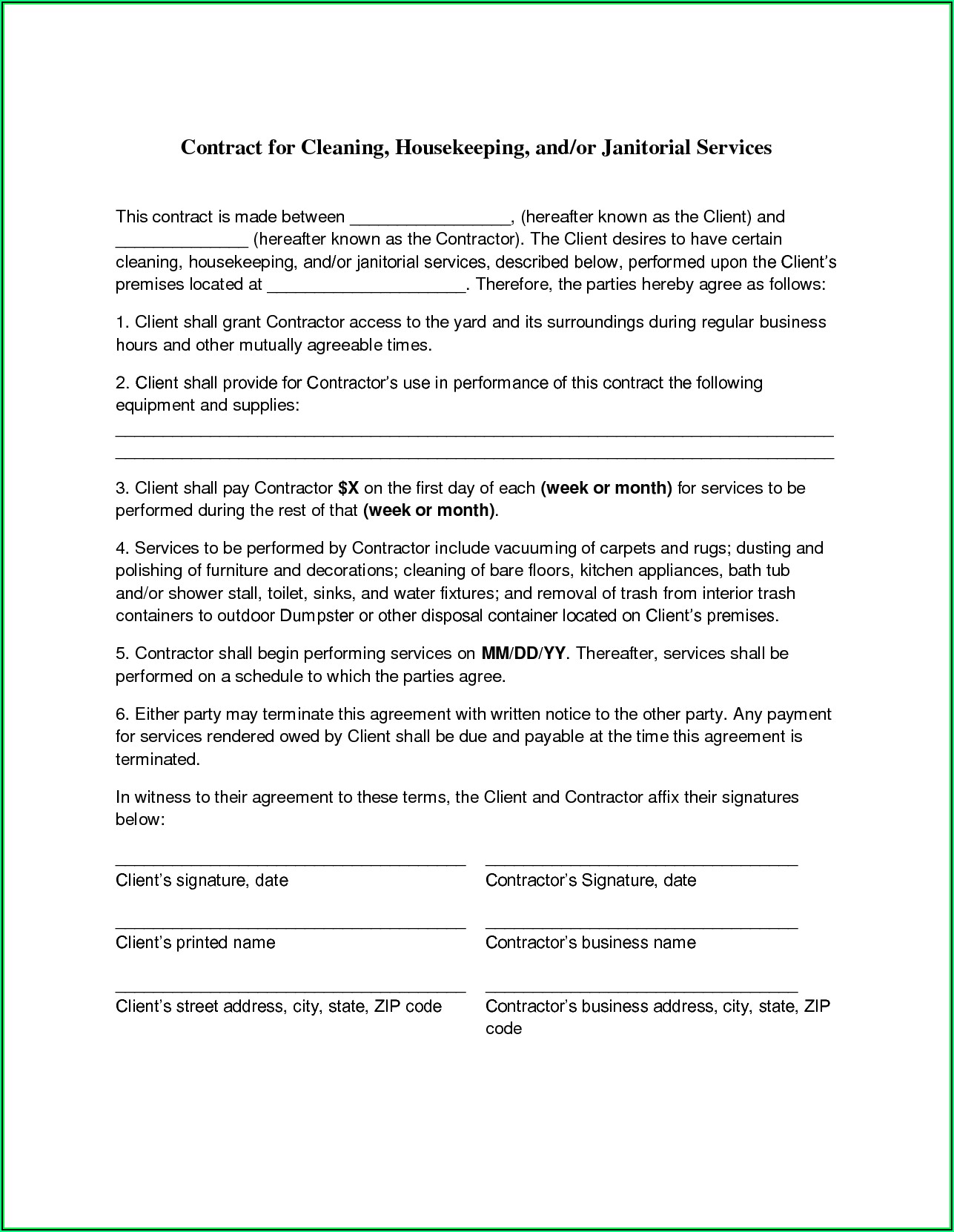 Residential Cleaning Service Contract Template