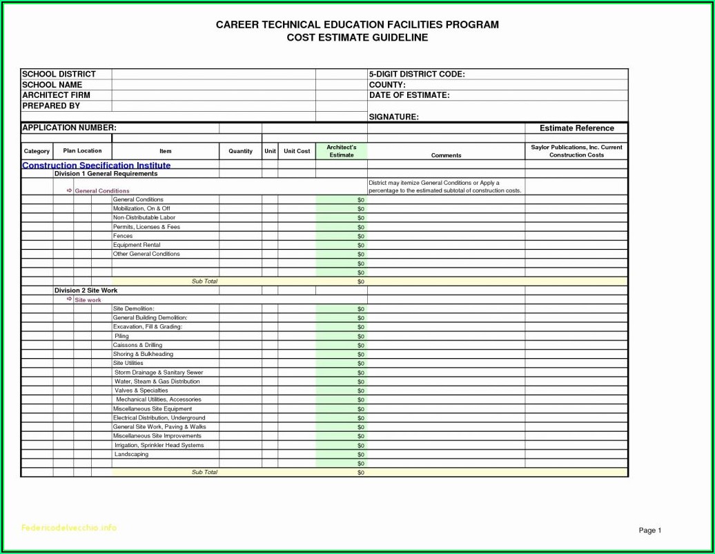 Residential Construction Cost Breakdown Template