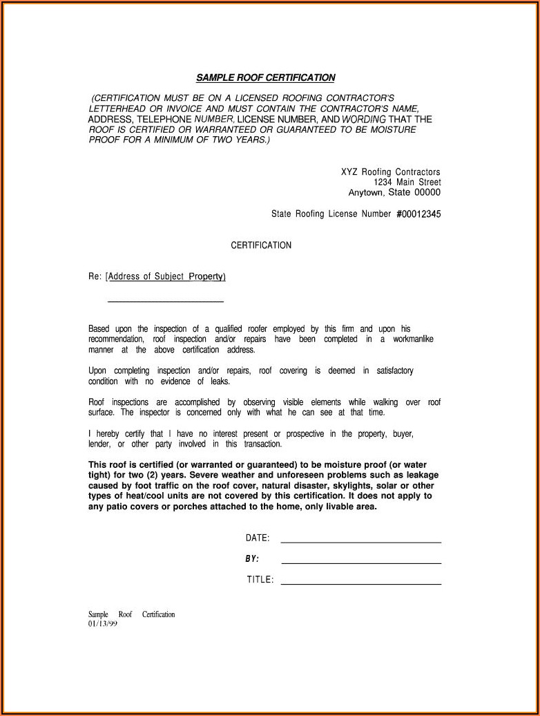 Roofing Certificate Of Completion Form