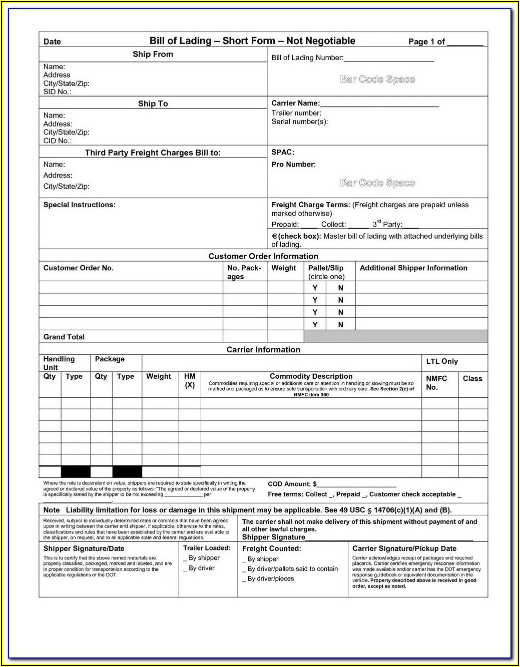 Short Form Straight Bill Of Lading Template