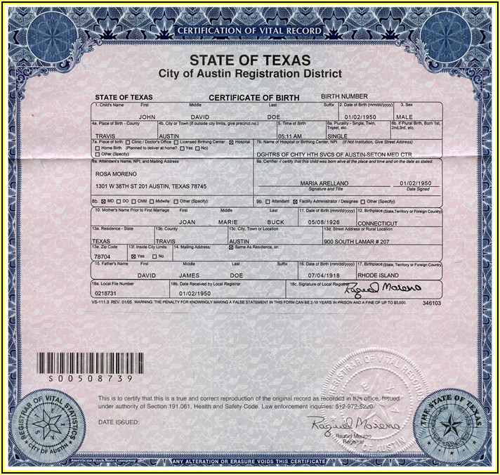 State Of Texas Birth Certificate Long Form