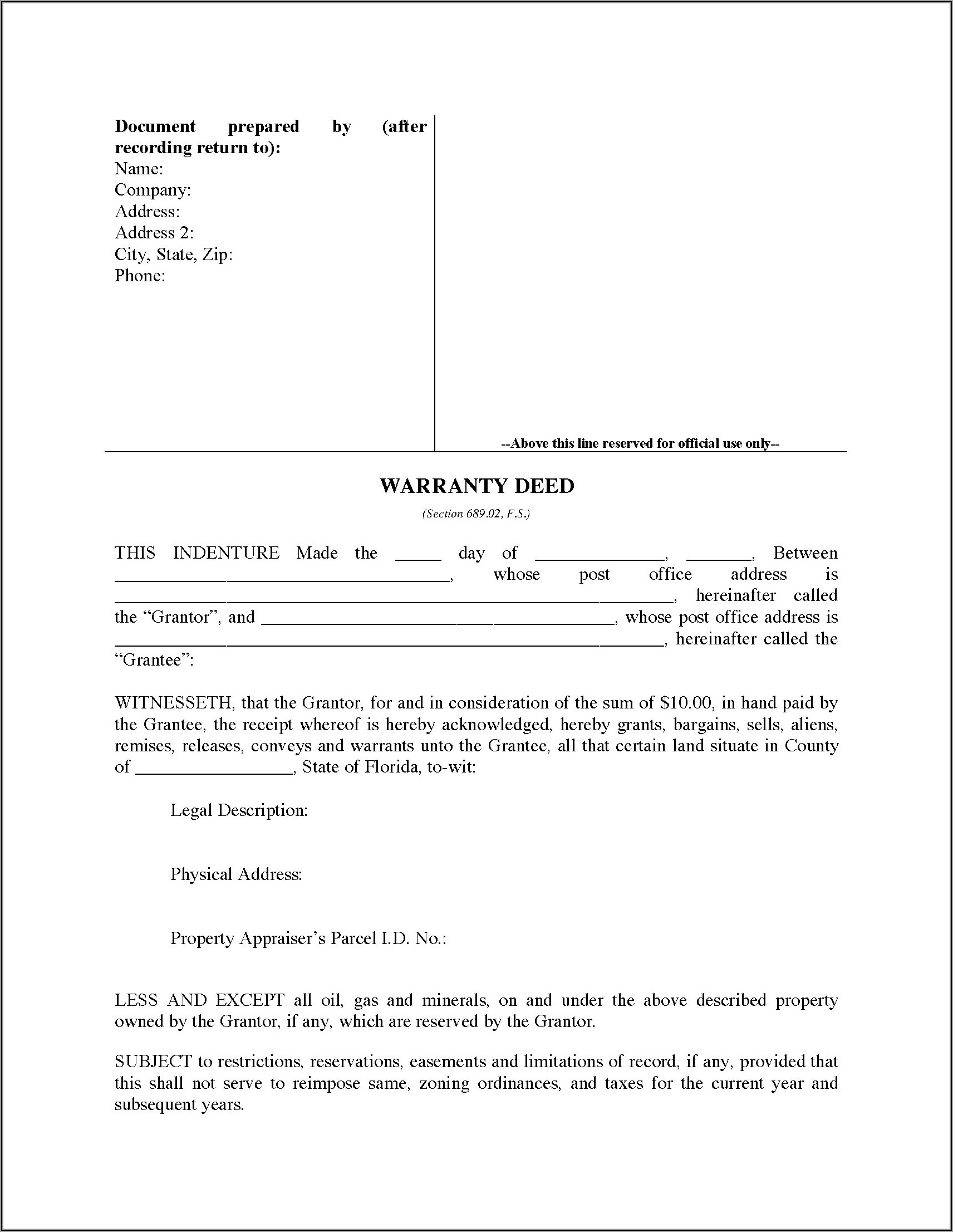 Warranty Deed Sample Florida