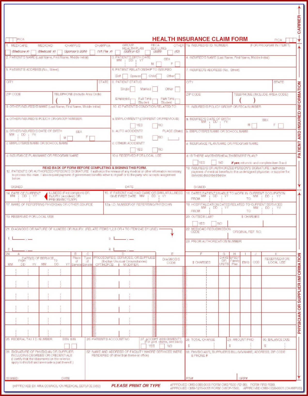 1500 Health Insurance Claim Form Fillable