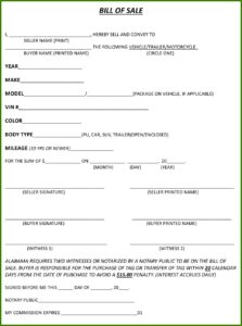 Alabama Auto Bill Of Sale Form Free
