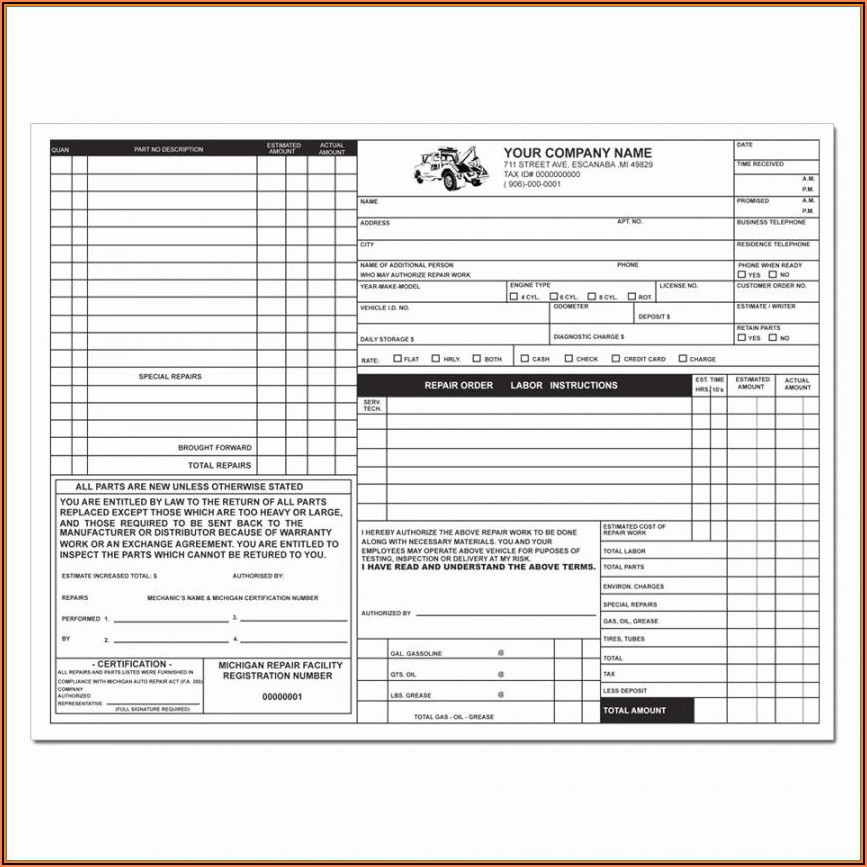 Auto Repair Shop Receipt Template