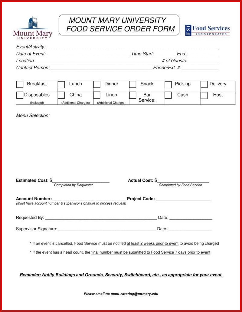Catering Order Form Template Word