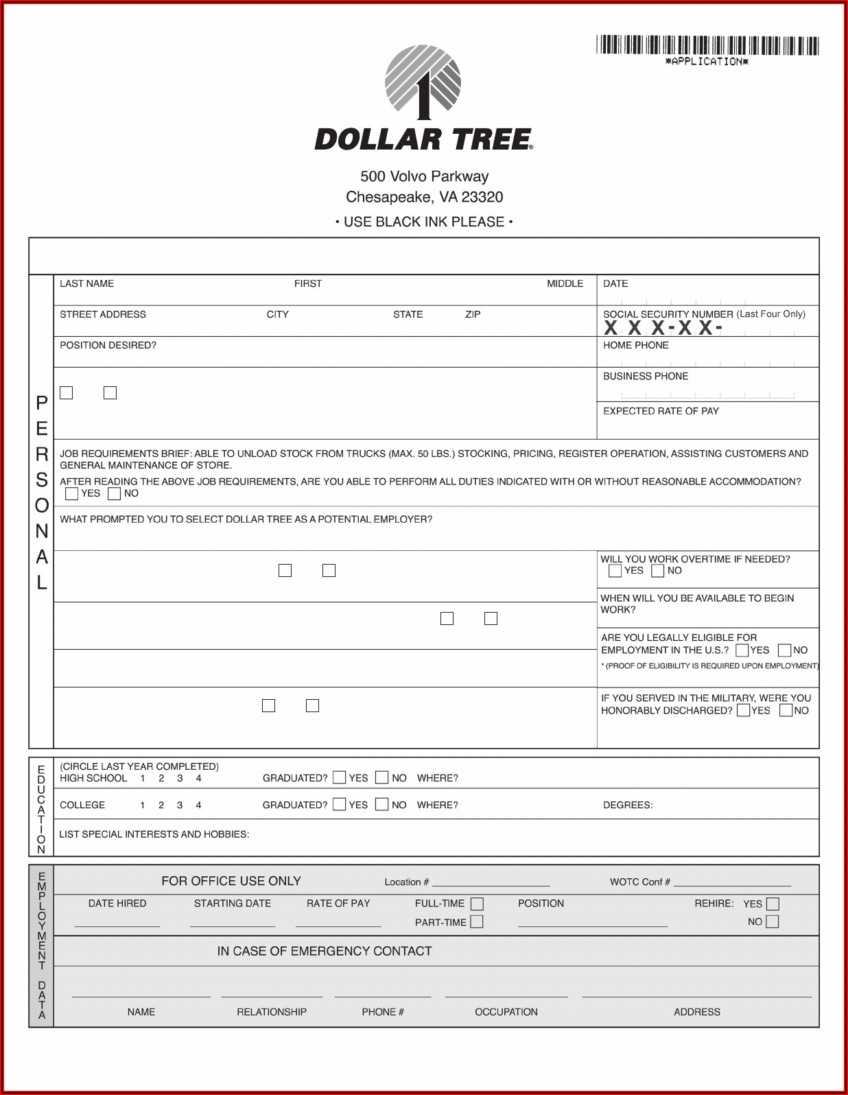 Dollar Tree Job Application Form Online Pdf