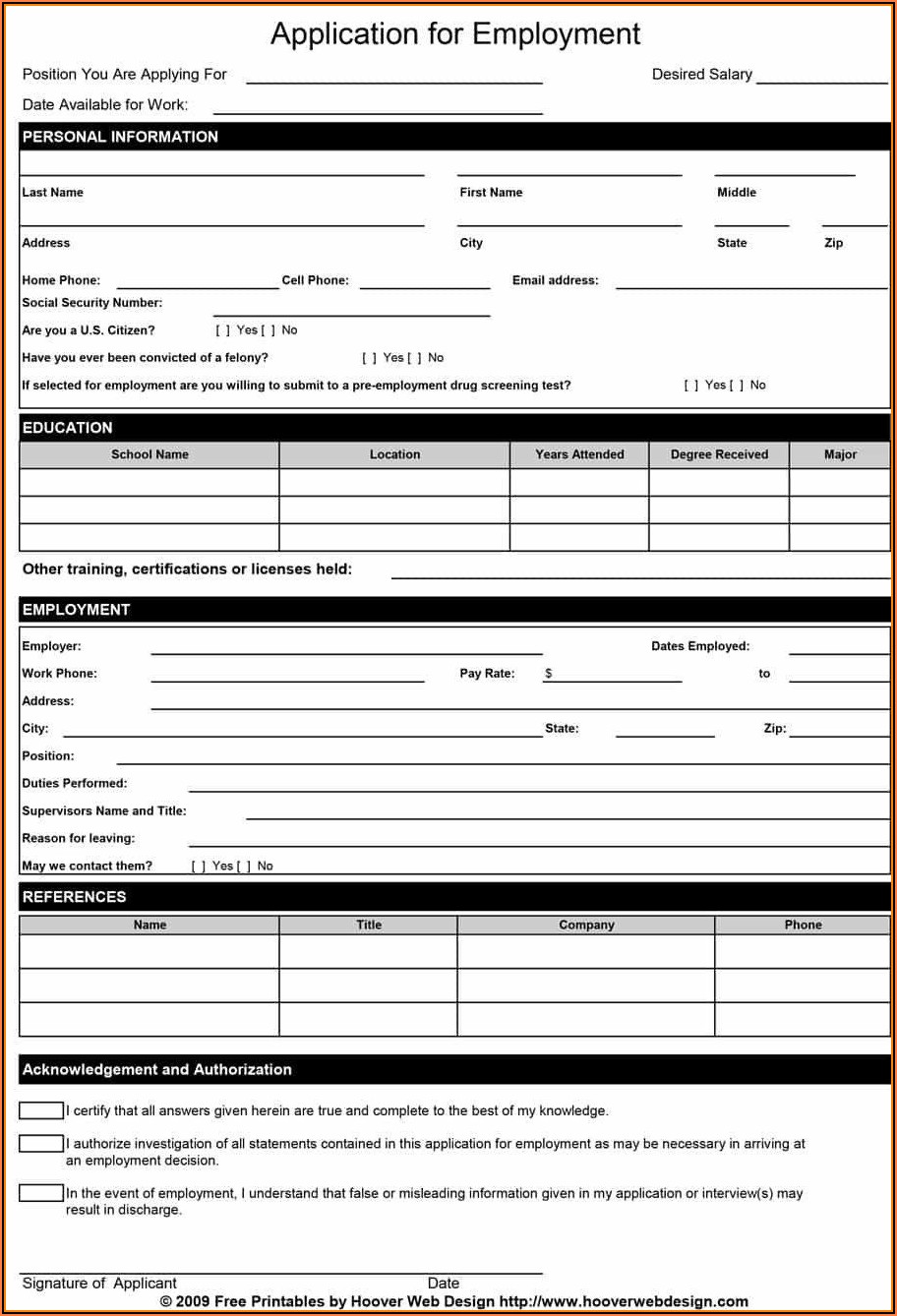 Employment Applications Printable Template
