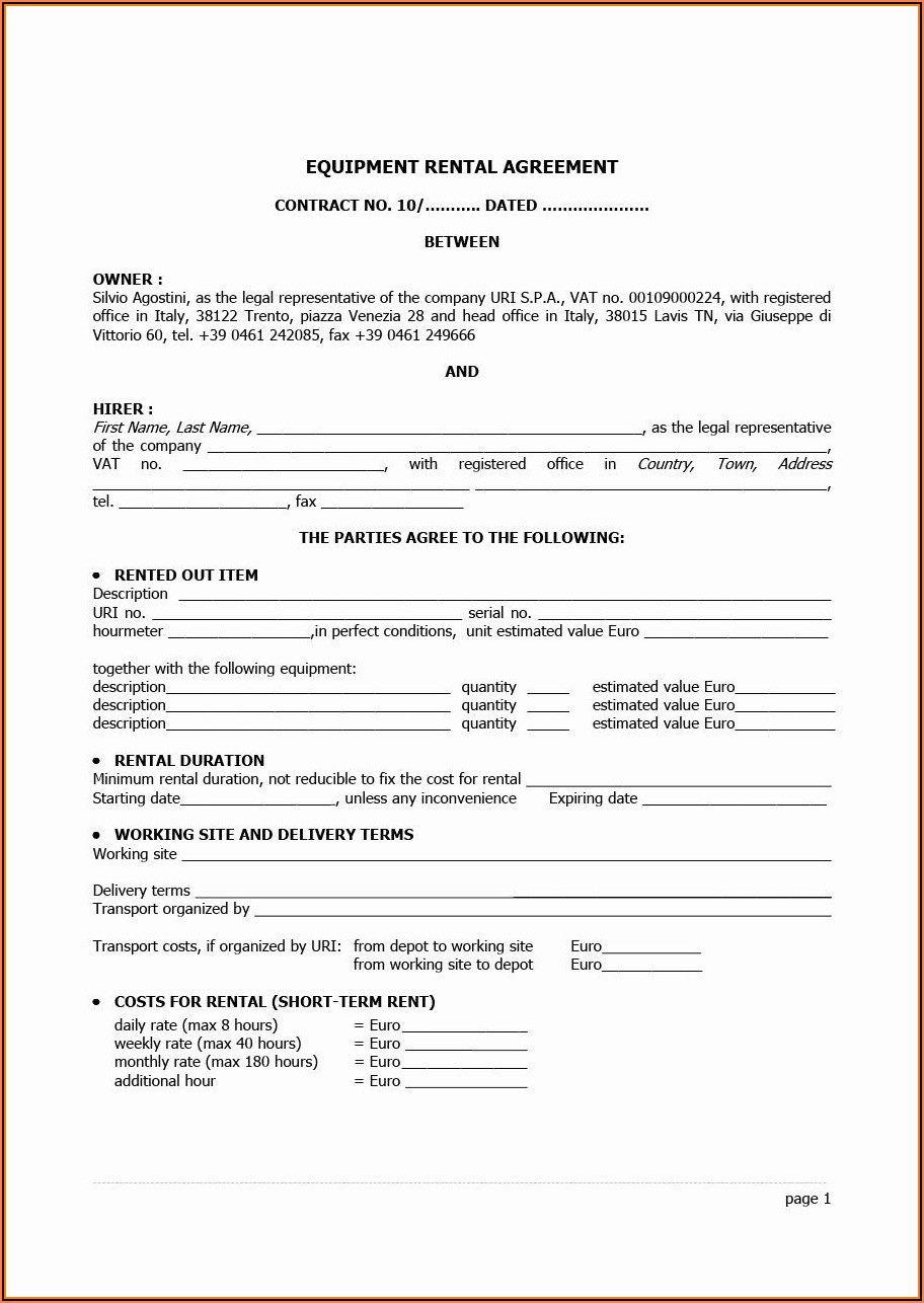 Equipment Lease Agreement Template Free