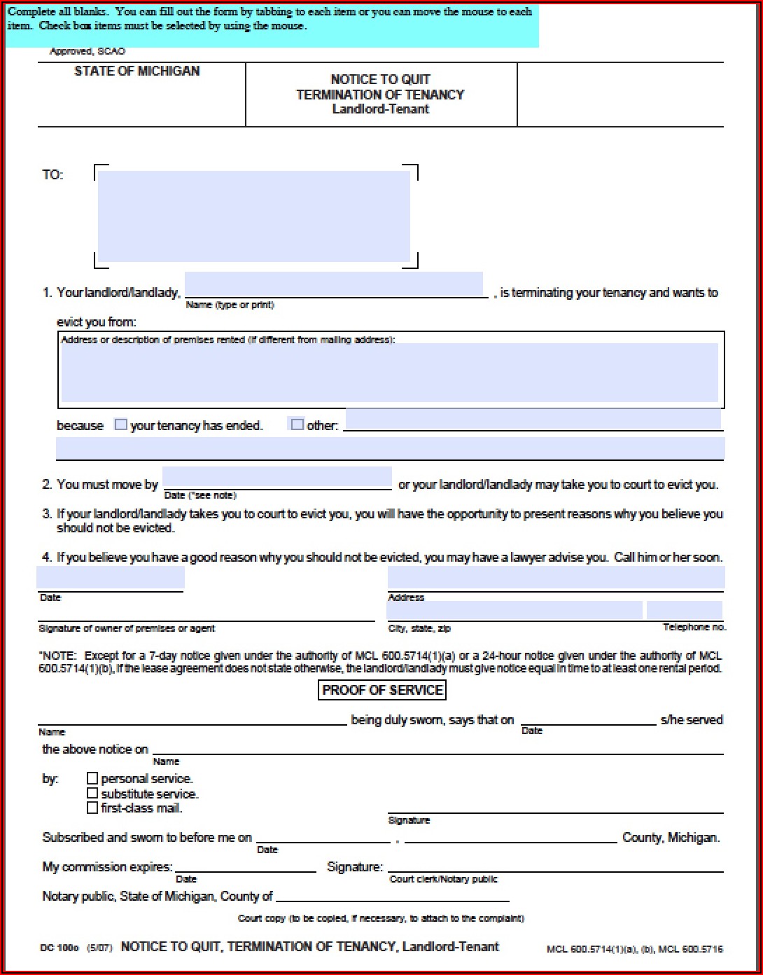 Eviction Notice Form State Of Michigan