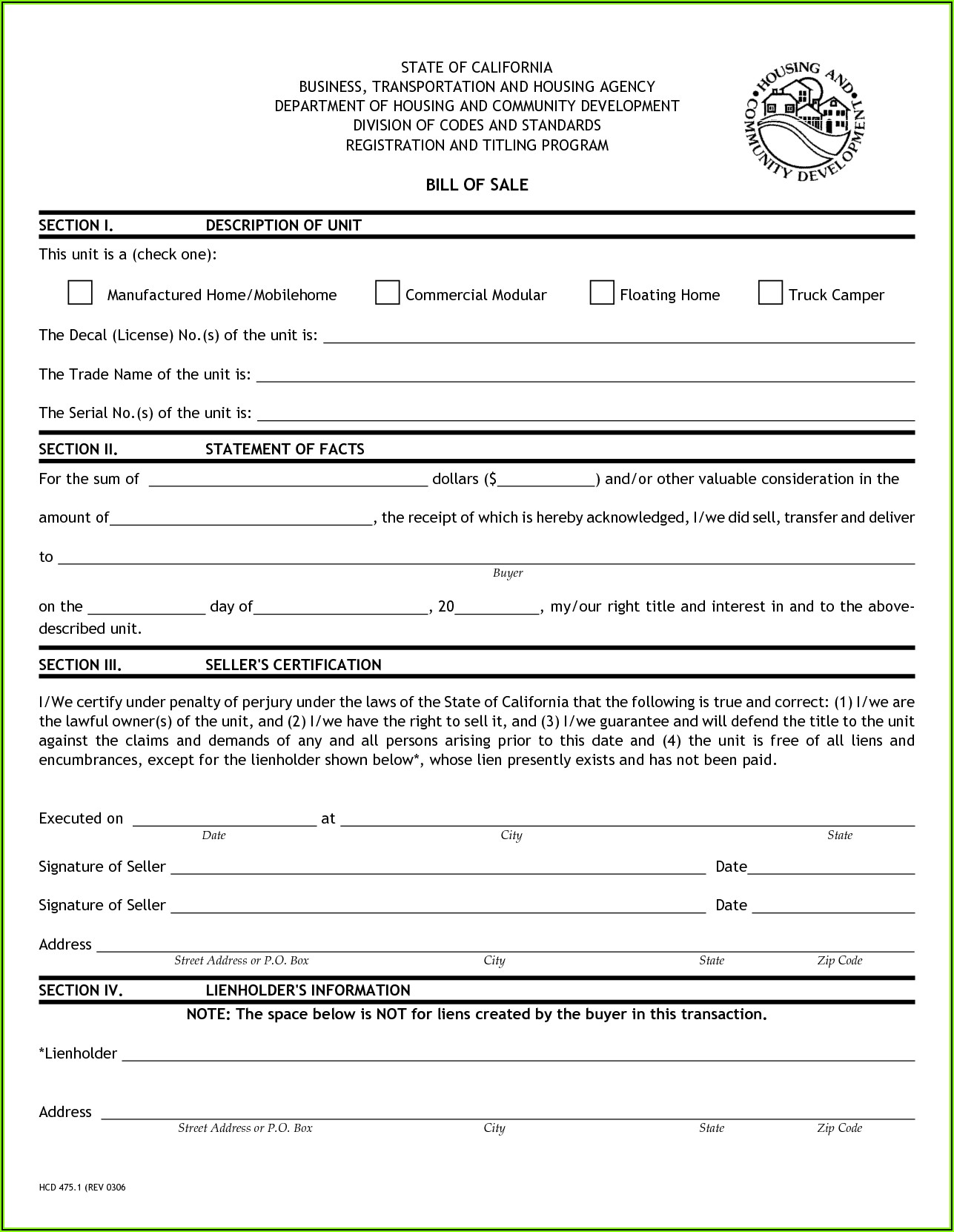 Free Bill Of Sale Form For Rv