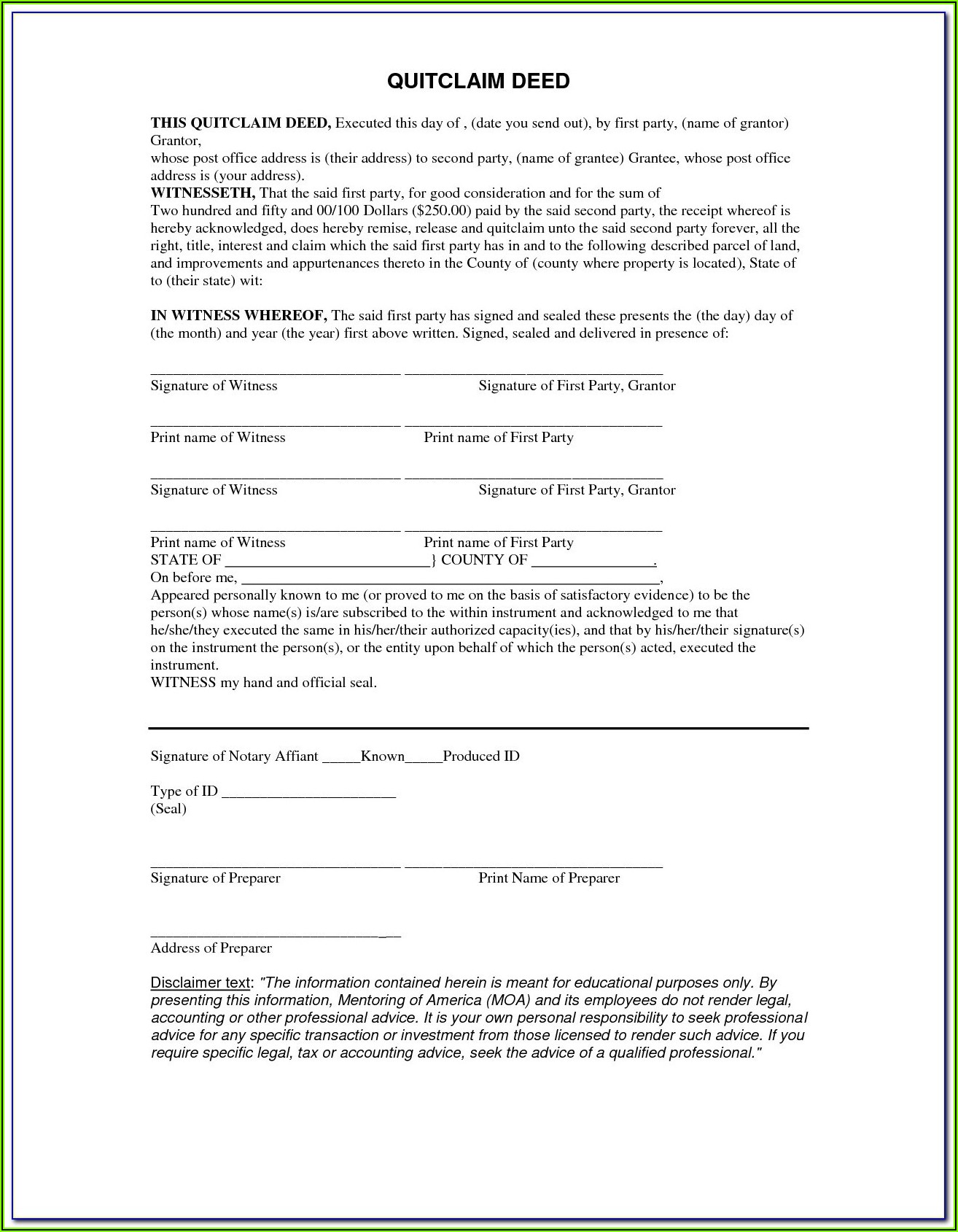 Free Blank Quit Claim Deed Form Oklahoma