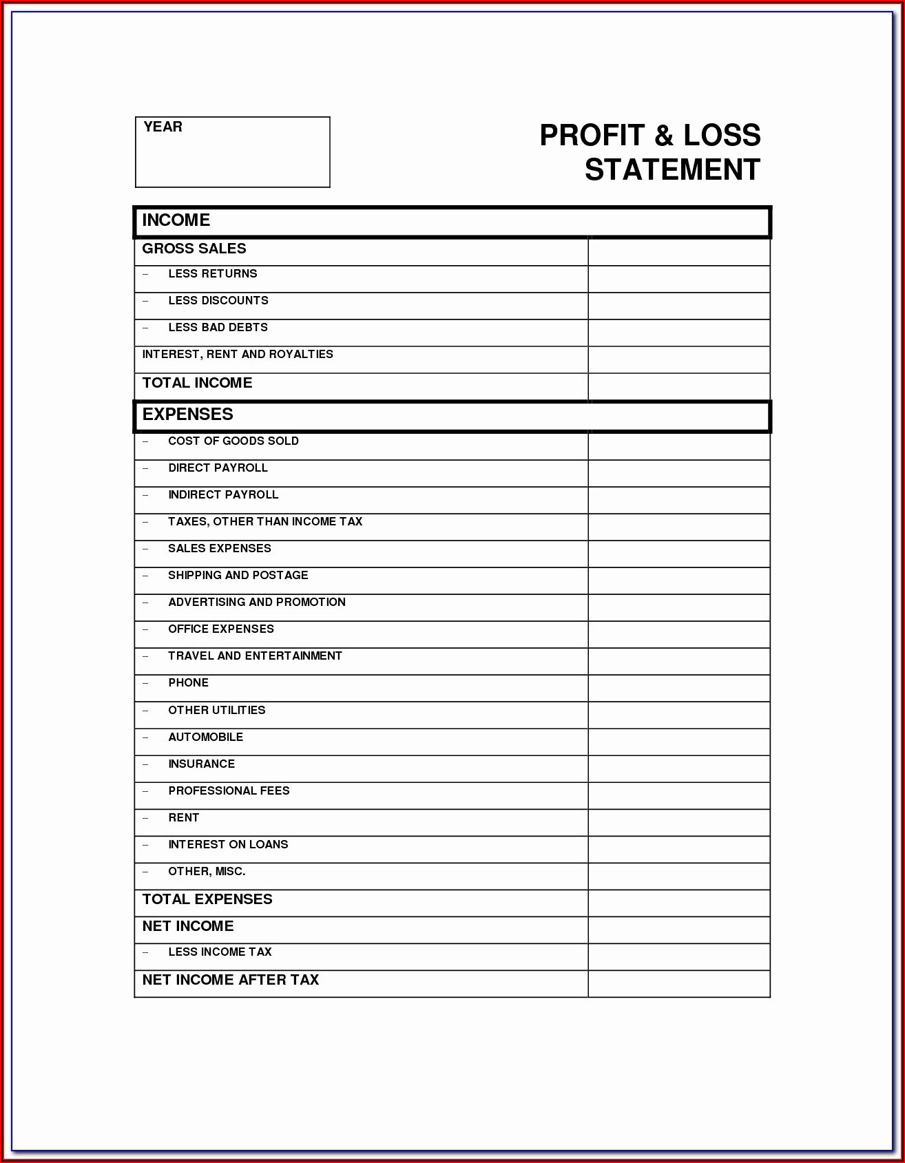 Free Fillable Profit And Loss Statement Template