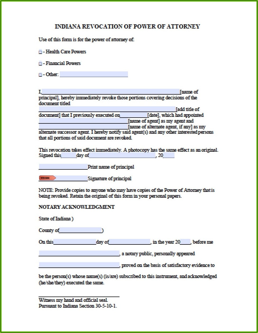 Free Indiana Durable Power Of Attorney Forms To Print