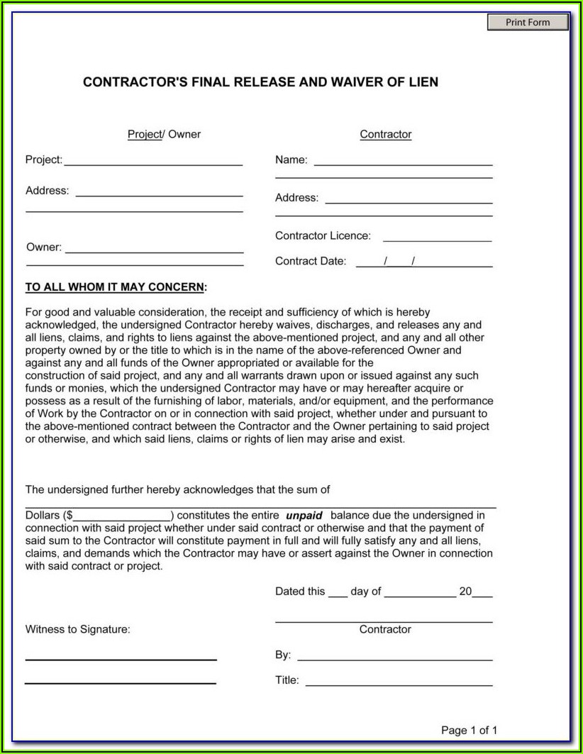 Free Lien Waiver Form Mn