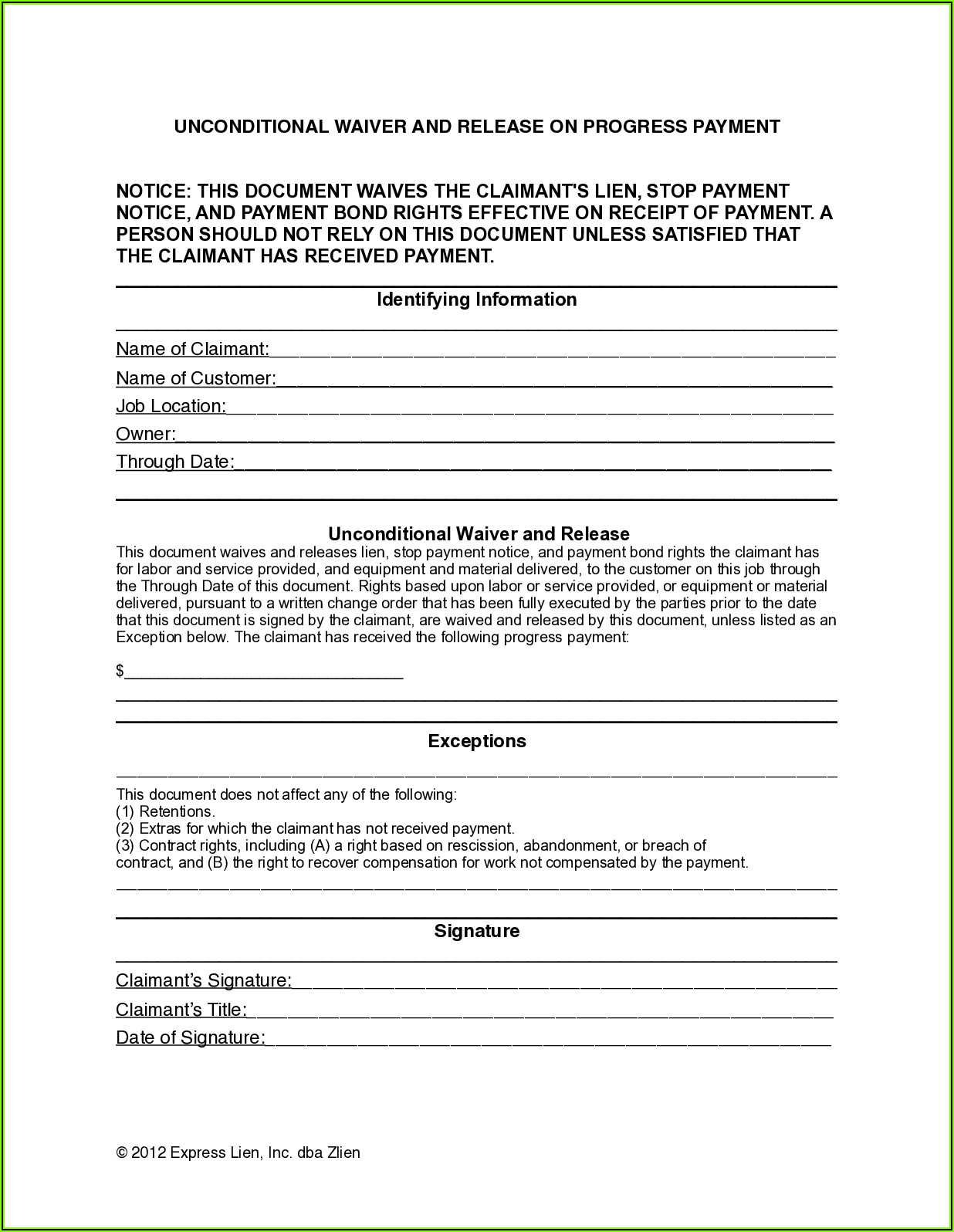 Free Lien Waiver Form Wisconsin