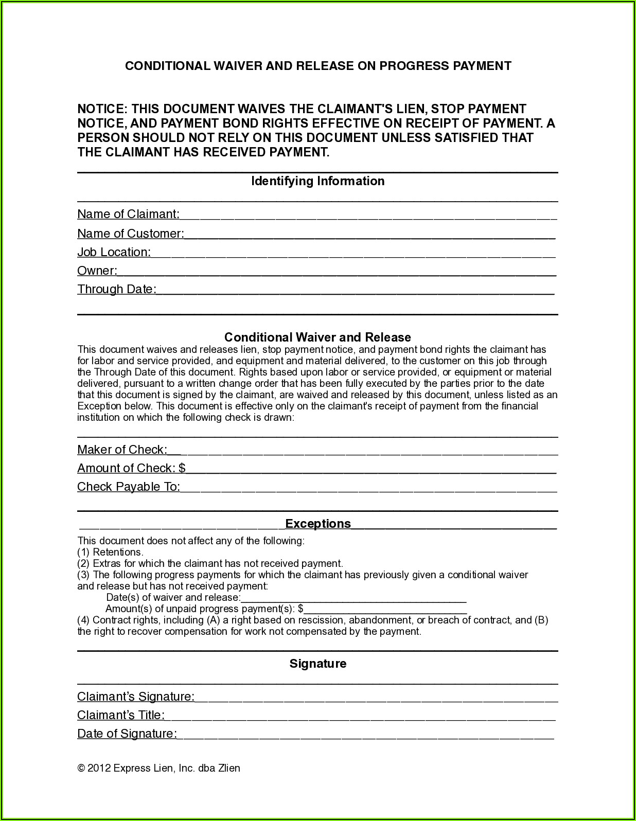 Free Lien Waiver Form