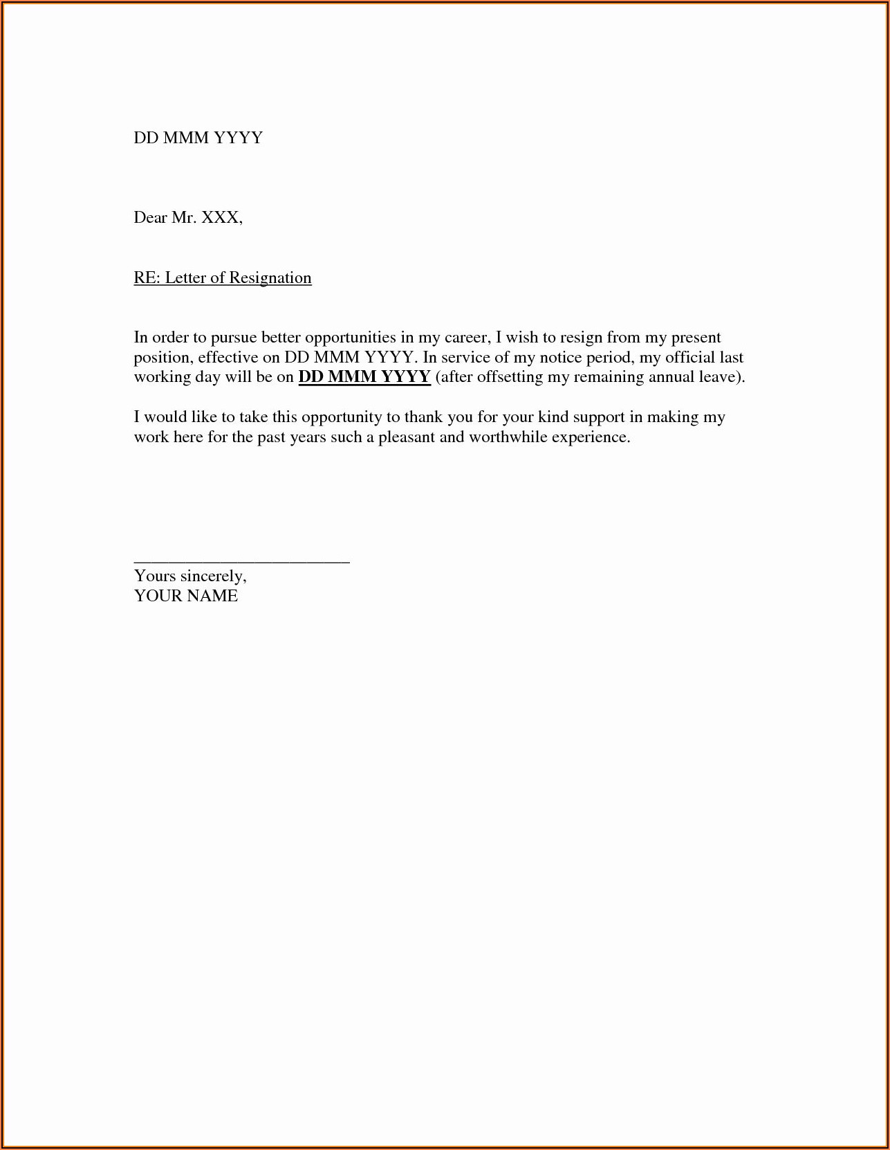 Free Printable Letter Of Resignation Template