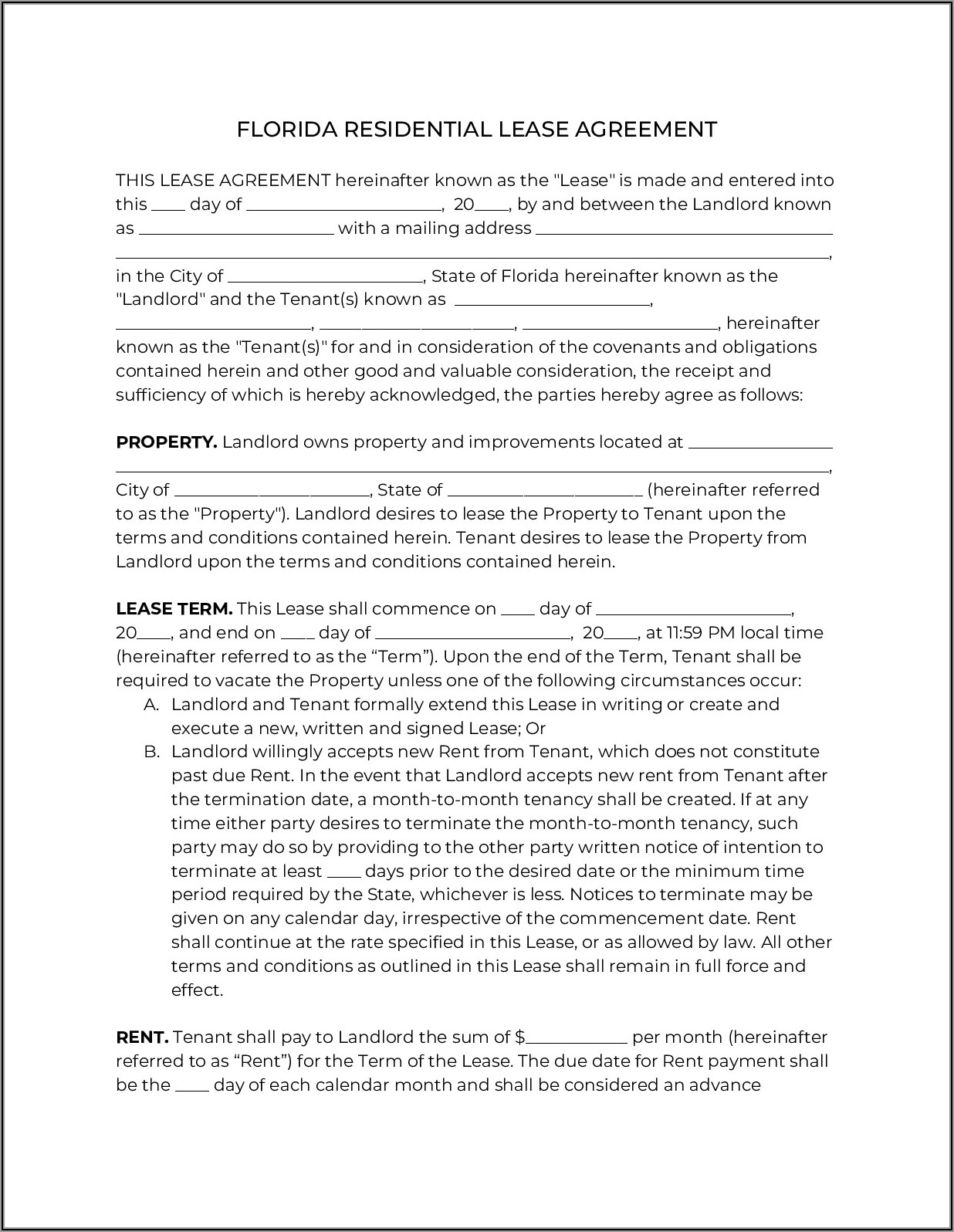 Lease Agreement Florida Template