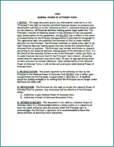 Ohio Durable Power Of Attorney Template