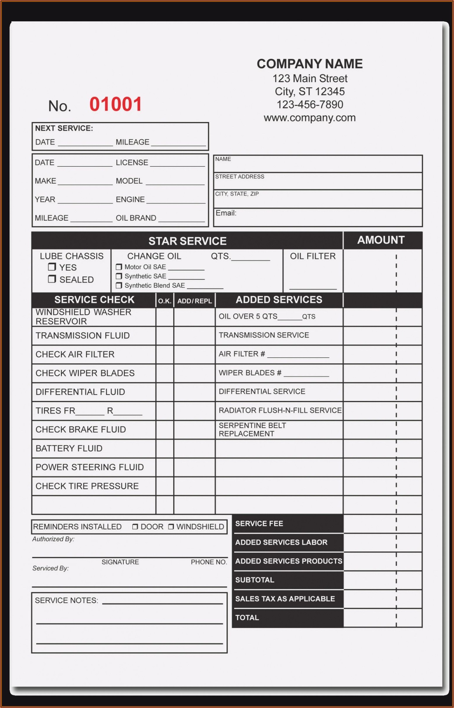 Oil Change Receipt Template