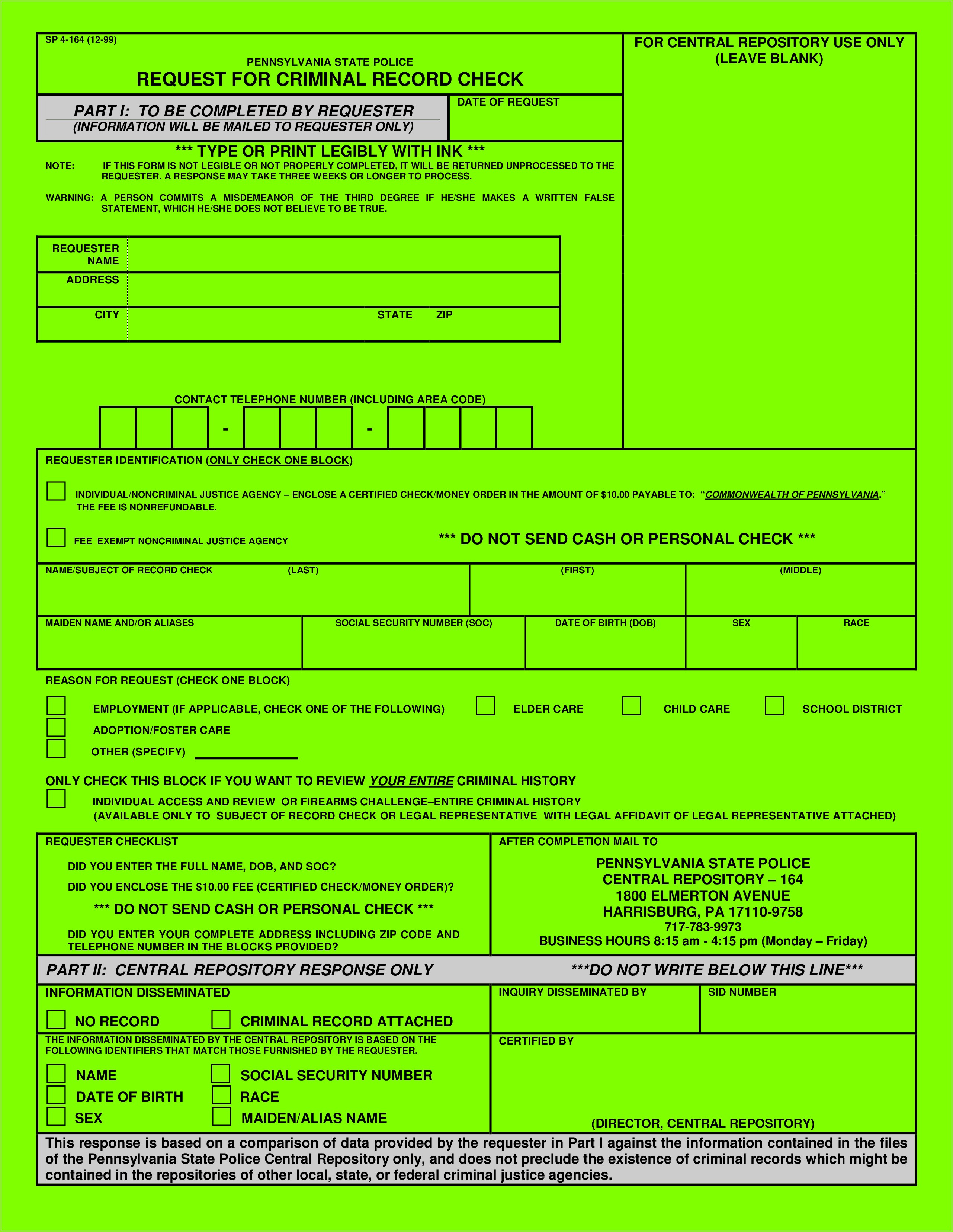 Pa Criminal Background Check Form For Volunteers