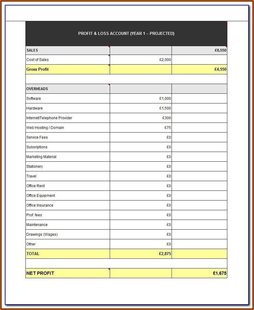 Profit Loss Statement Template Self Employed