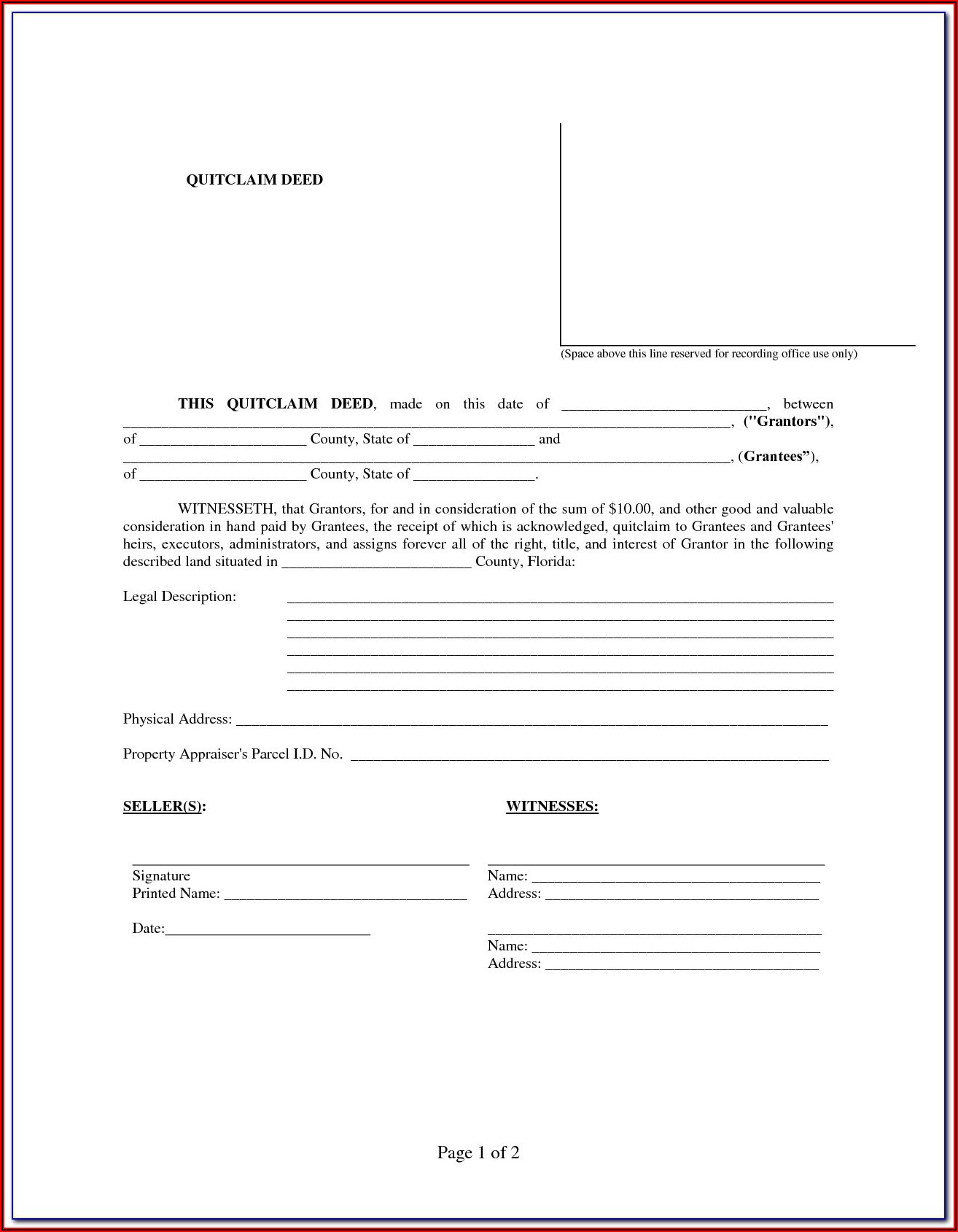 Quit Claim Deed Florida Form Free Download