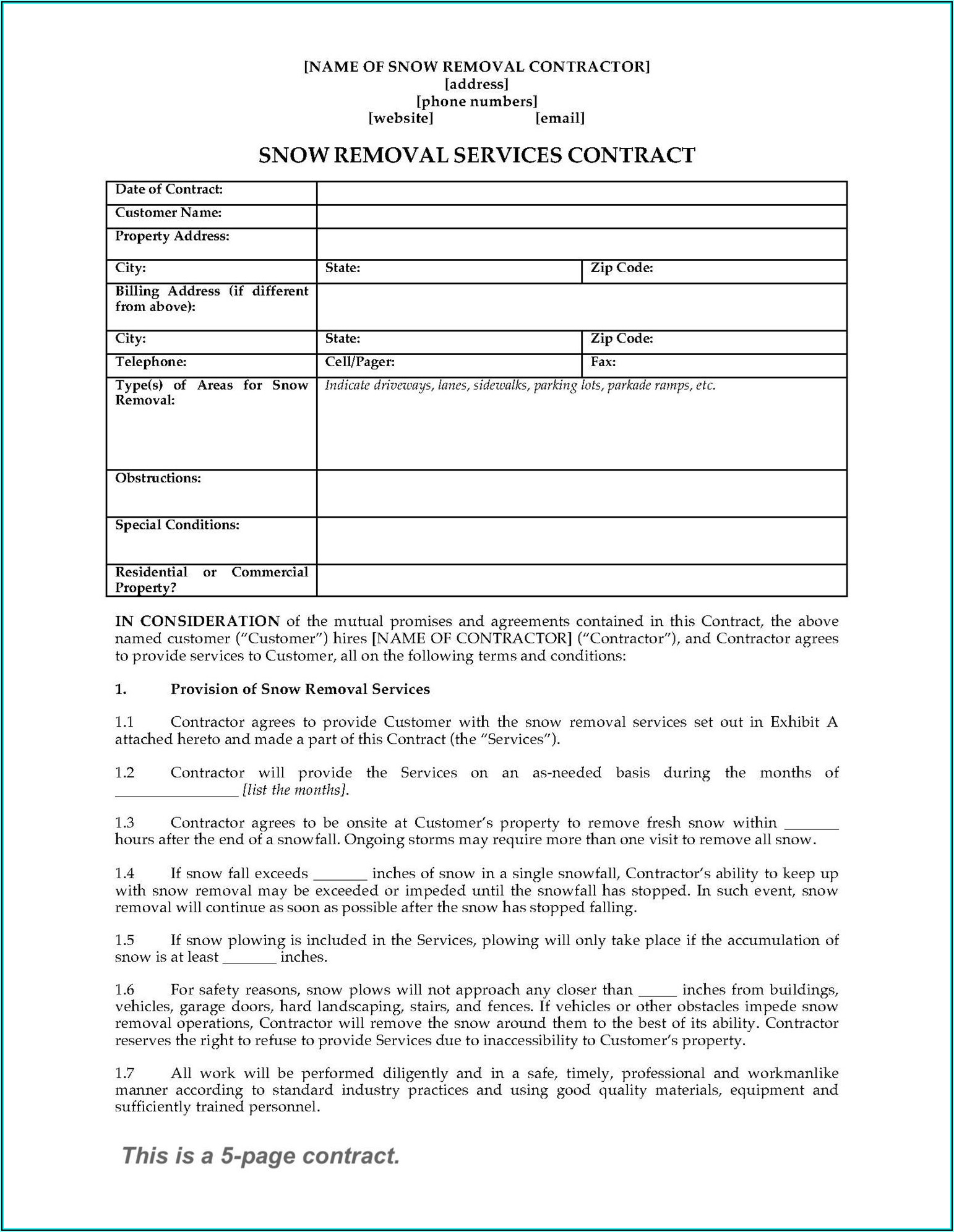 Snow Plow Agreement Template